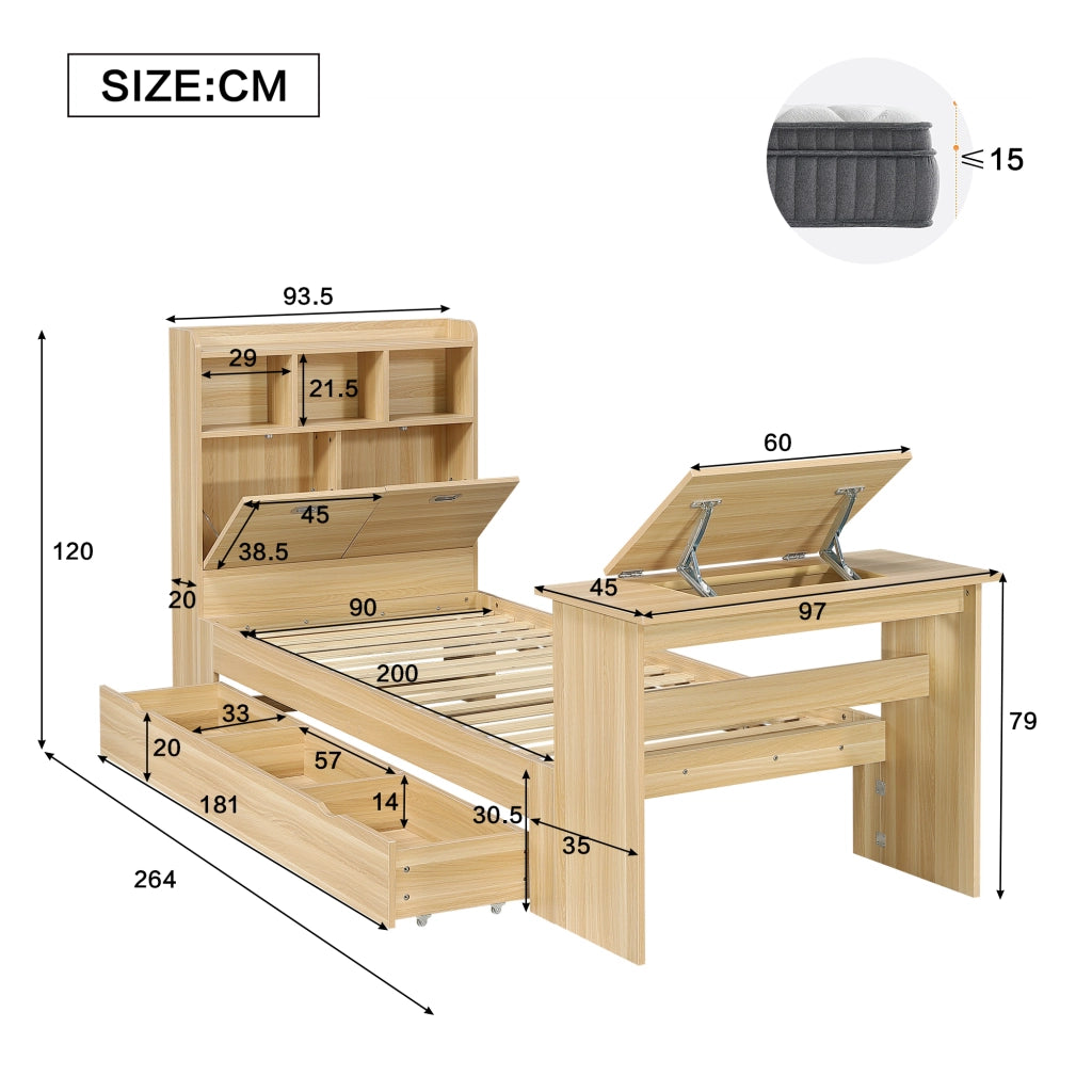 Letto con cassetti 90 × 200 cm con tavolo pieghevole regolabile e ripiano testiera in legno colore naturale