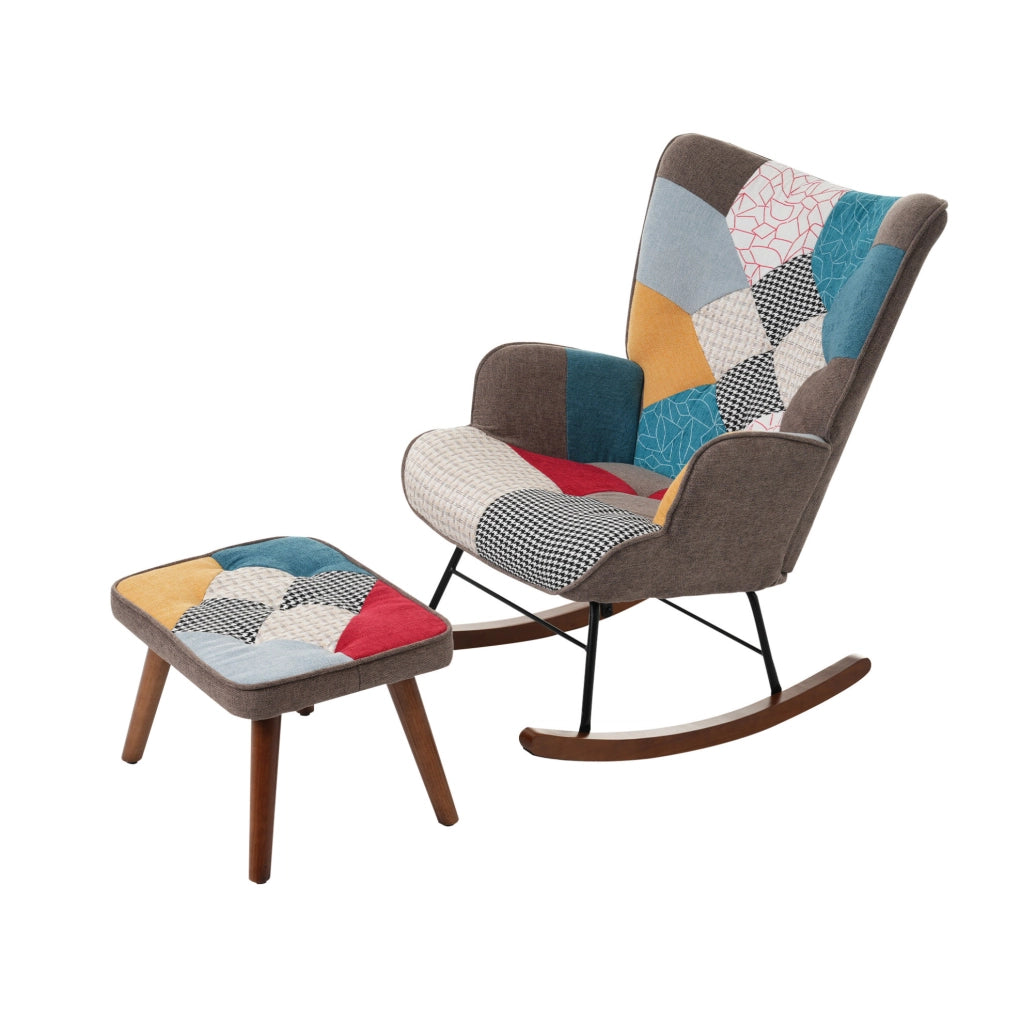 Sedia a dondolo con pouf patchwork, 69,5x50x88,5 cm, multicolore