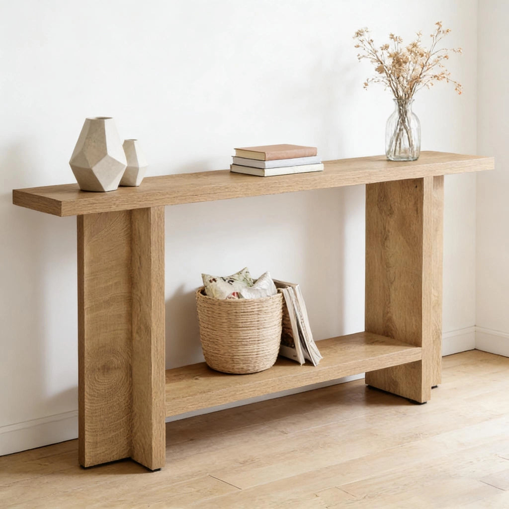 Consolle a due ripiani con struttura a T in MDF marrone per ingresso e soggiorno 150 × 30 × 80 cm