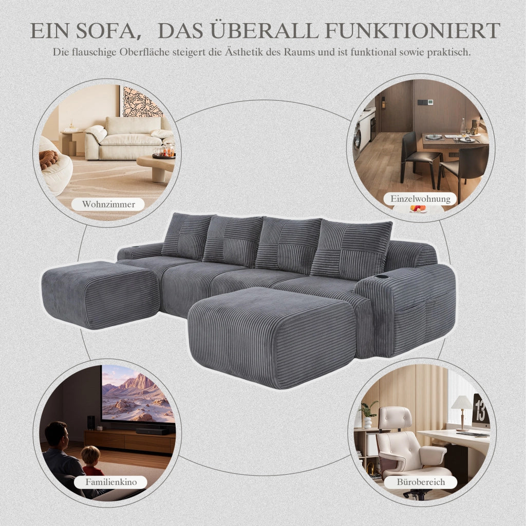 Divano modulare 4 posti in velluto a coste con portabevande e tasca laterale grigio scuro 333 × 174 × 80 cm