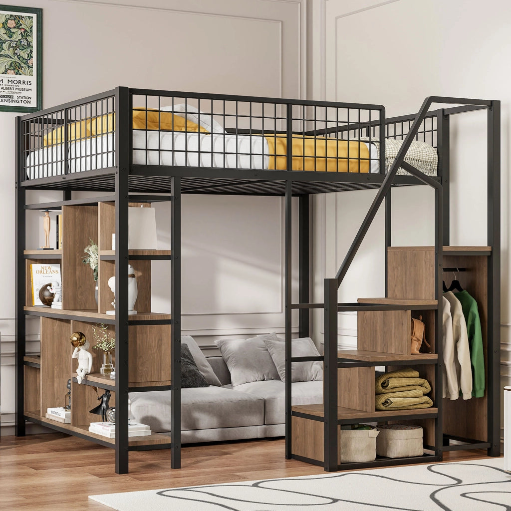 Letto a soppalco 140x200 cm con scala contenitore, in metallo, compensato e MDF nero