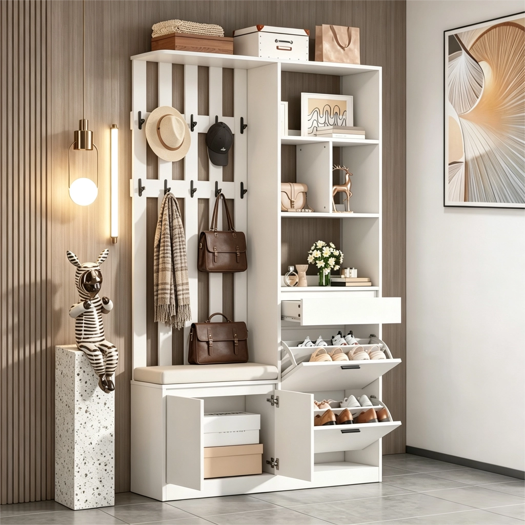 Guardaroba da ingresso bianco in mdf 120x30x200 cm; mobile ingresso con panca imbottita; scarpiera a ribalta e 10 ganci