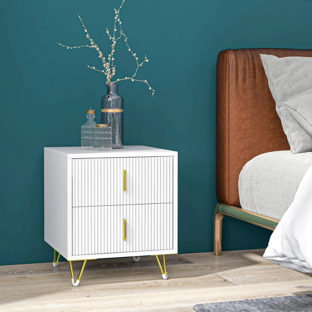 Comodino con 2 cassetti ¨C Xylo ¨C Bianco con gambe in metallo 40x40x47 cm
