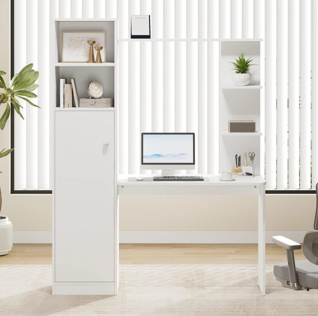Scrivania multifunzione con armadio e scaffali in MDF bianca