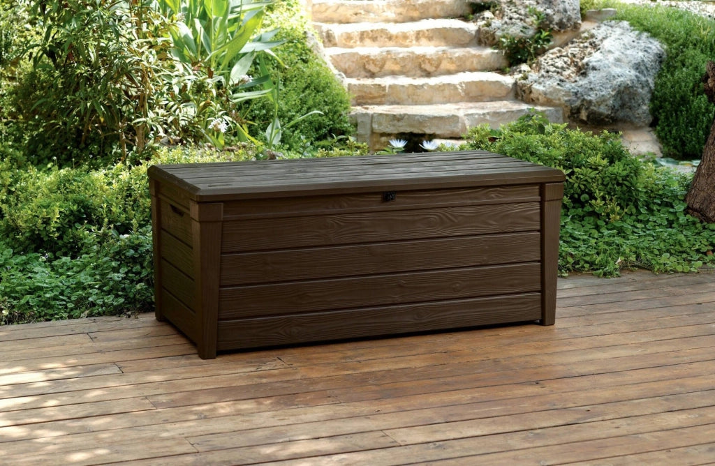 Cassapanca outdoor Wawa, Baule da giardino, Contenitore da esterno, Panchina contenitore da esterno, 145x70 h60 cm, Marrone