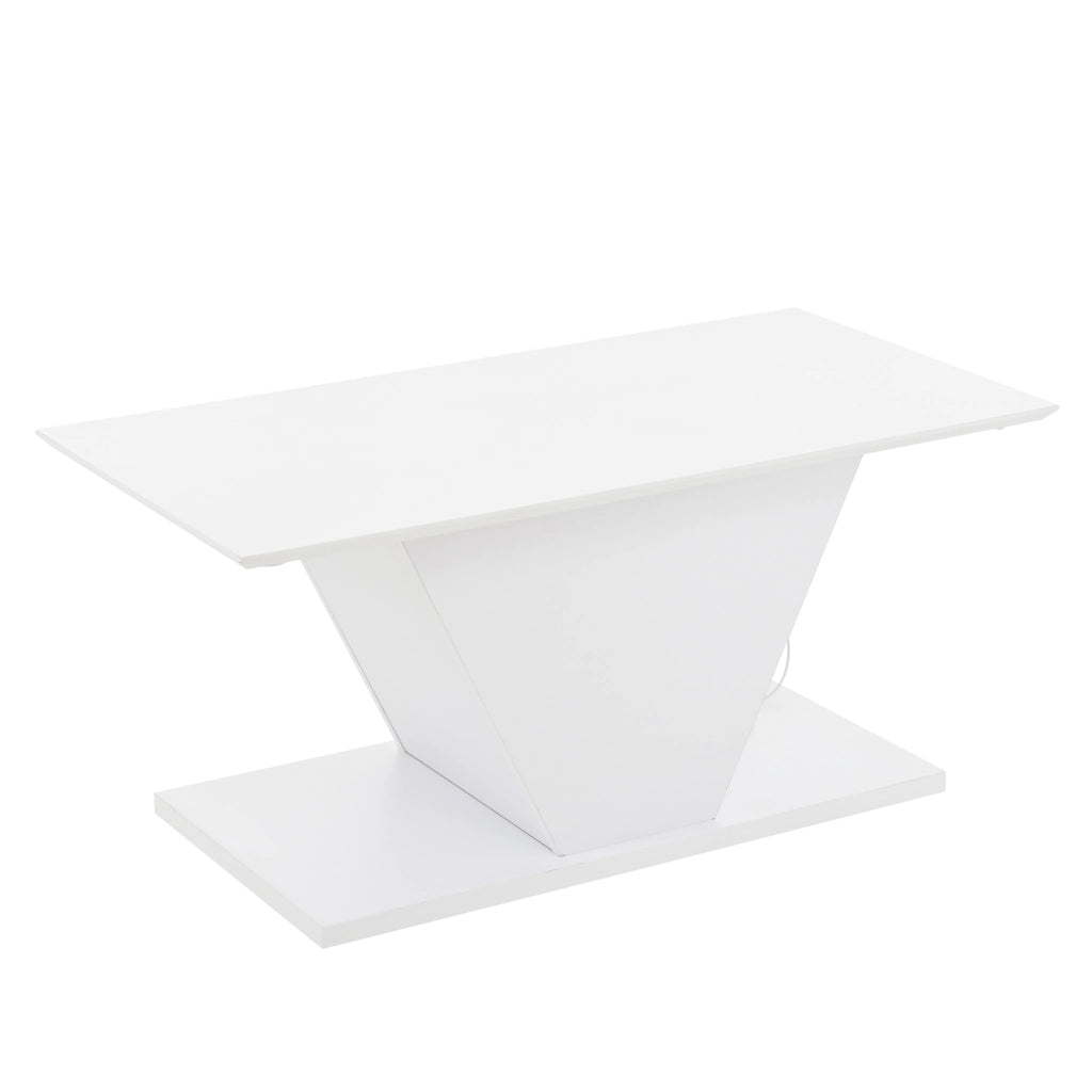 Tavolino da salotto a V con illuminazione LED regolabile e piano lucido, per soggiorno, bianco, 100 × 50 × 46 cm