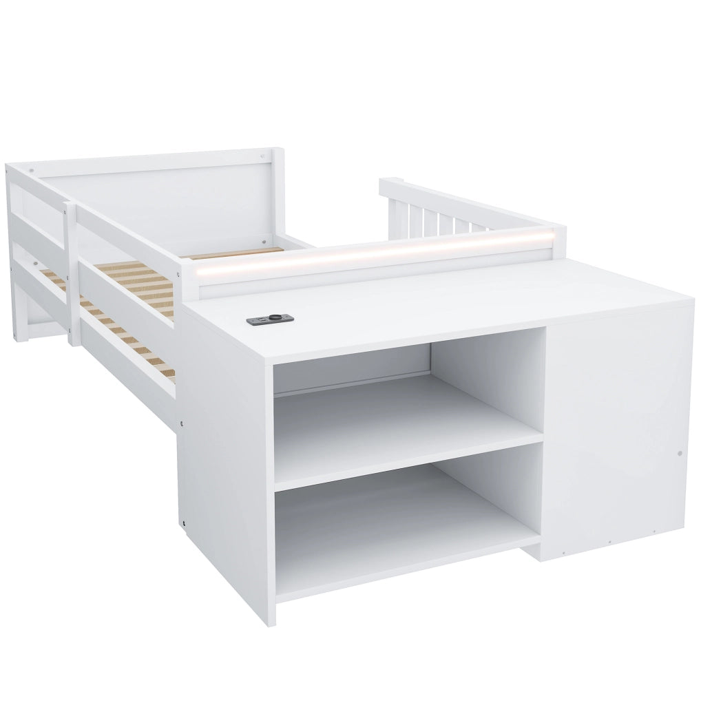 Letto a castello per bambini 90x200 cm con spazio contenitore separato, scrivania, presa elettrica, illuminazione LED, doppie cassettiere e sponde di sicurezza, bianco