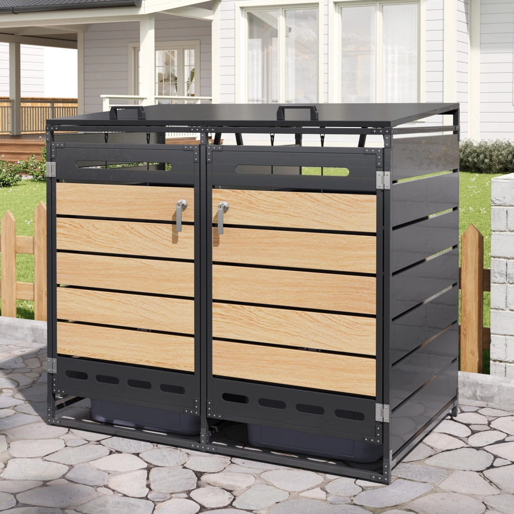 Cassa per bidoni rifiuti da giardino in ferro con rivestimento effetto legno orizzontale, coperchio idraulico e serrature, colore nero