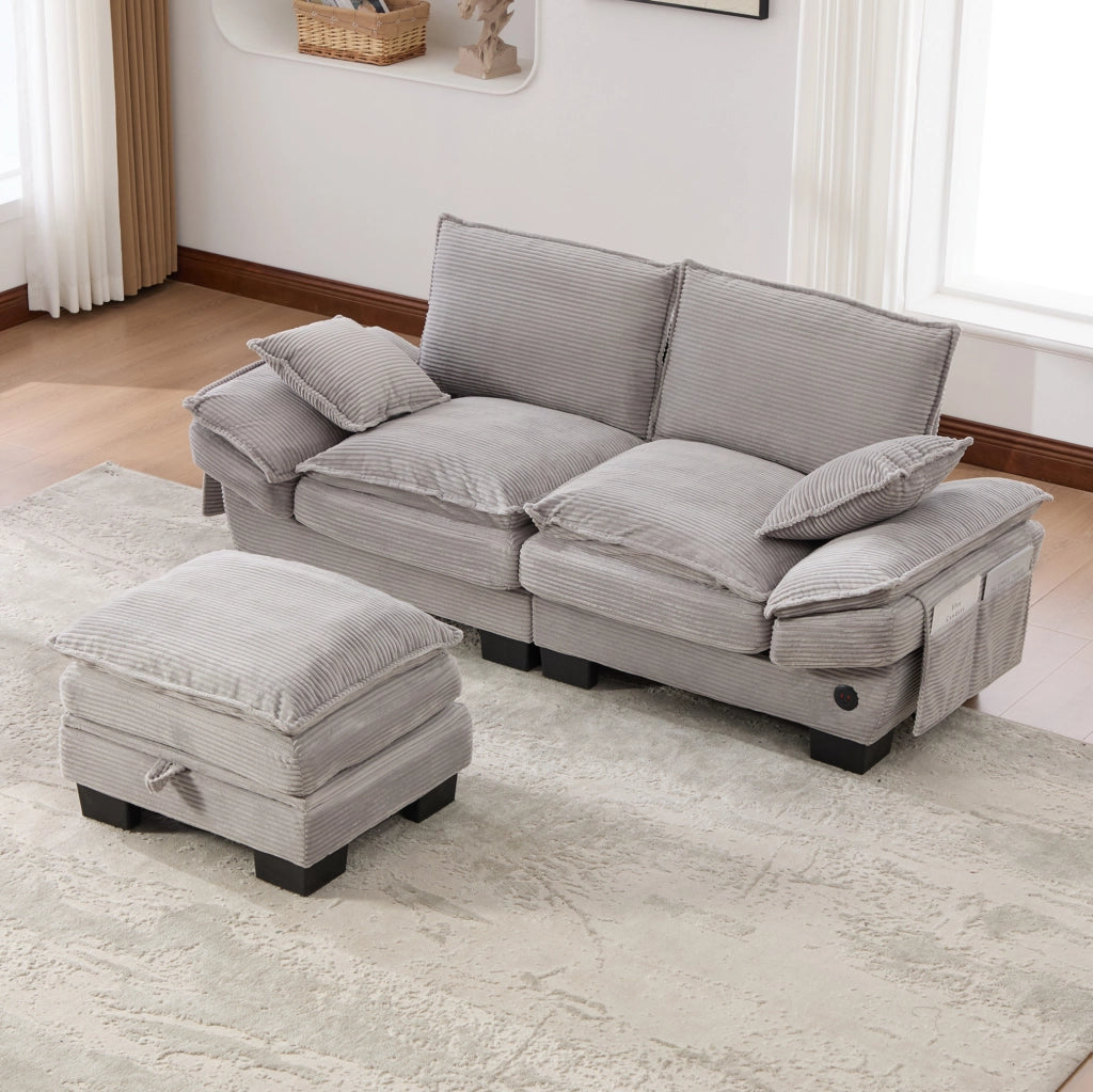 Divano modulare 2 posti con pouf in velluto a coste grigio chiaro