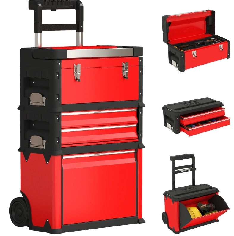 Carrello portautensili modulare in acciaio rosso con 3 unità, maniglia telescopica e ruote da 5"
