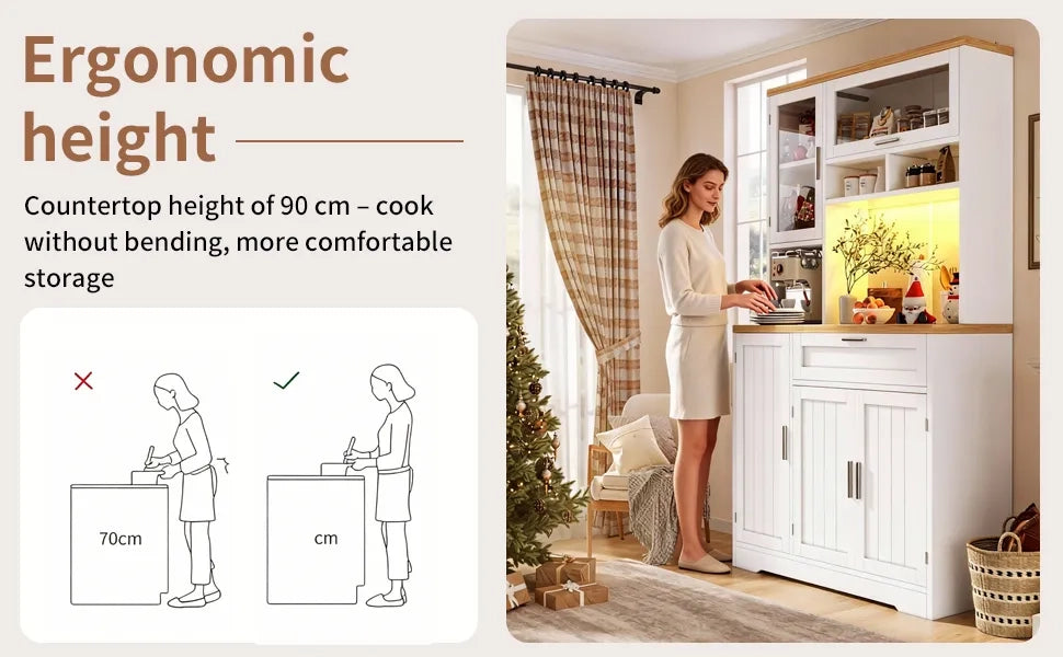 Armadio da cucina alto/vetrina con illuminazione LED, 104x40x180 cm, bianco/nero, per cucina e soggiorno