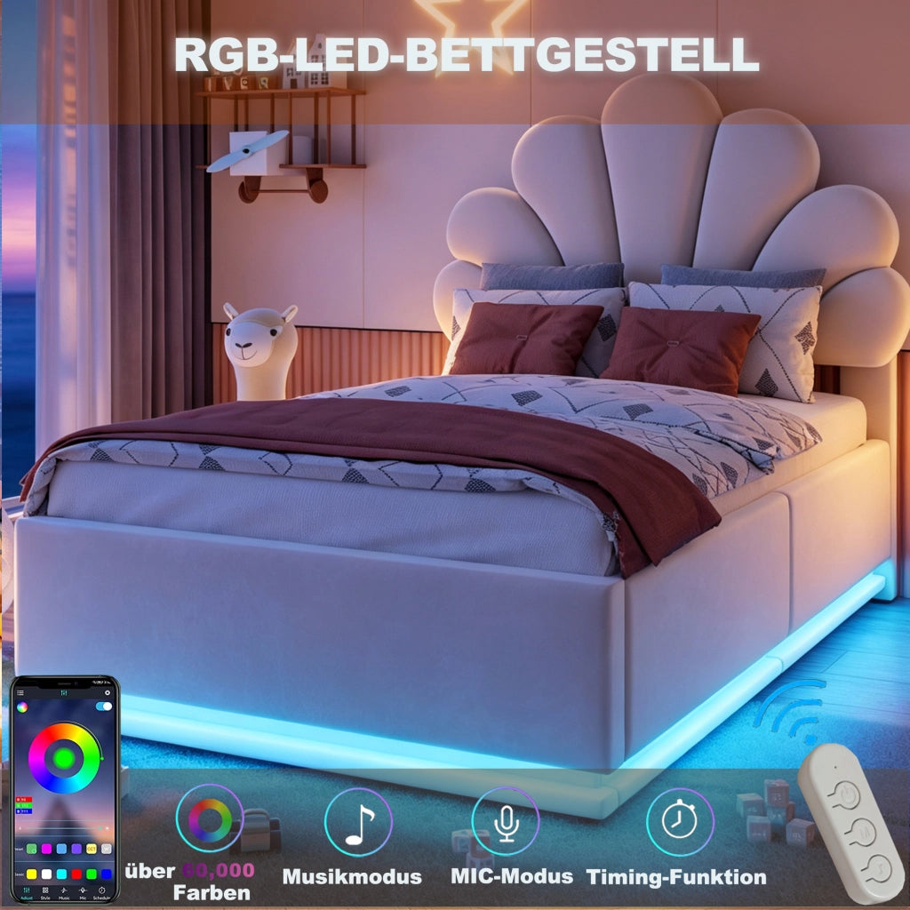 Letto contenitore 90 x 200 cm, testiera a fiore, contenitore idraulico, LED, velluto beige