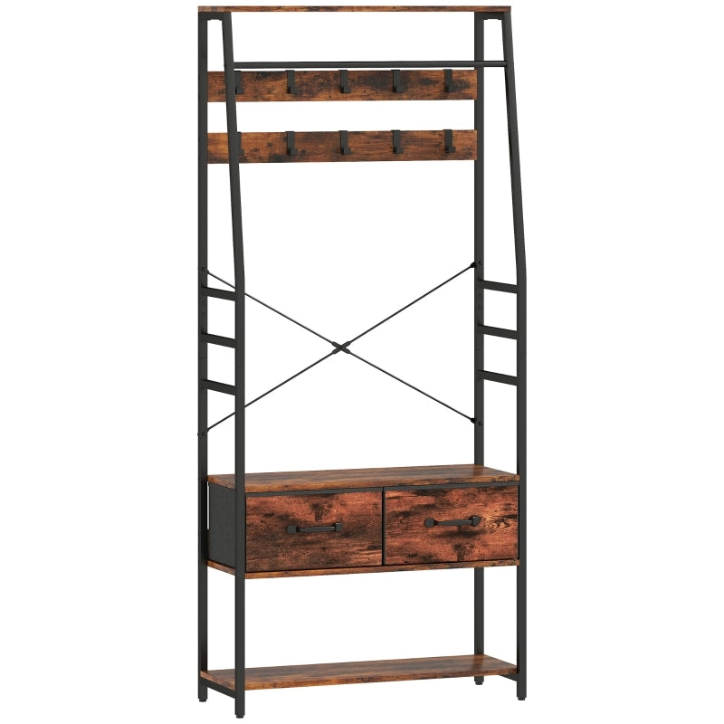 Guardaroba da ingresso con panca portascarpe; 10 ganci e 2 cassetti in tessuto; marrone rustico 80 × 30 × 180 cm
