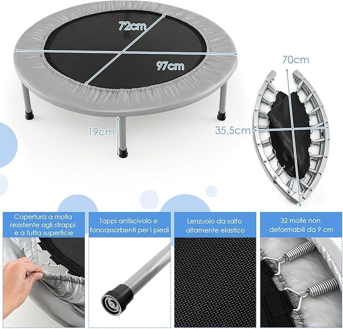 Mini Trampolino Elastico e Pieghevole, Capacità di Carico 150 kg, per Interno ed Esterno