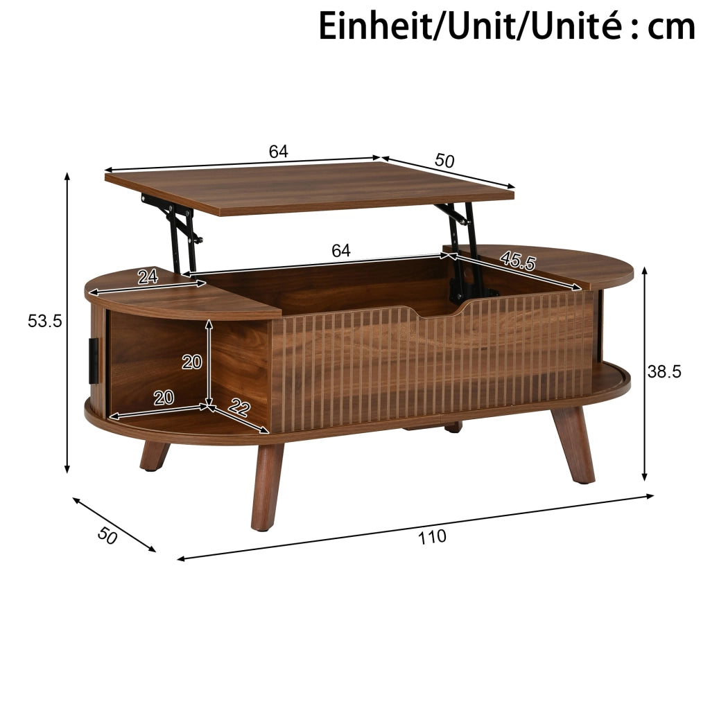 Tavolino da salotto ovale 110x50 cm con piano sollevabile idraulico; ante scorrevoli e vano contenitore noce HOMVRA