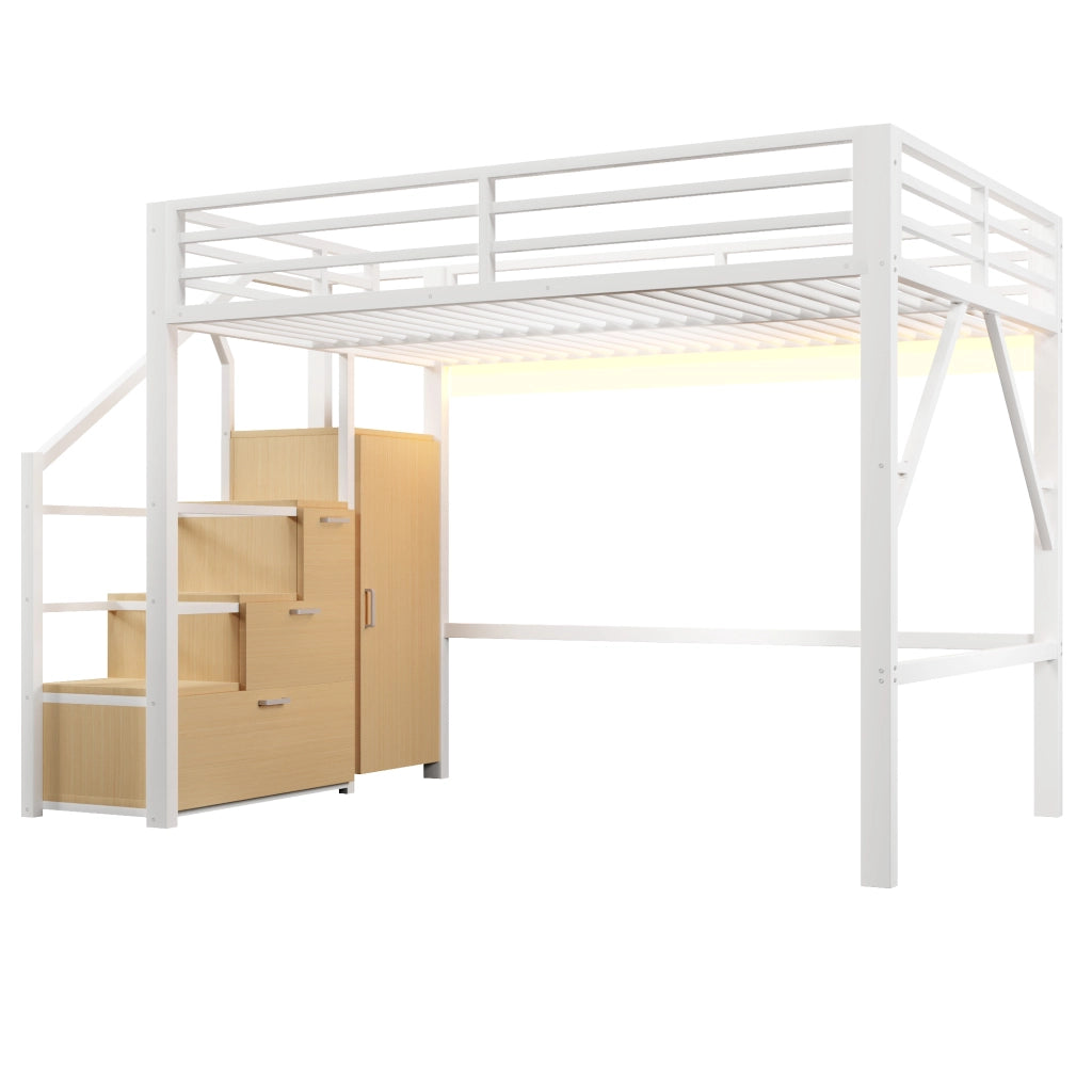 Letto a soppalco 140x200 cm in metallo bianco con armadio; contenitori e luci LED