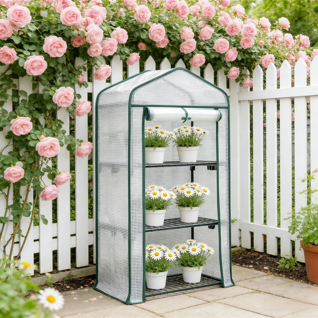 Serra da balcone con 3 ripiani in metallo e porta avvolgibile con zip copertura in PE bianca 69 × 49 × 125 cm