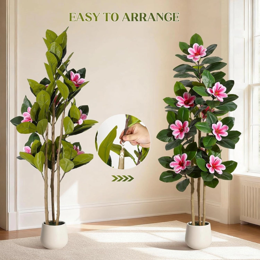 Ficus Artificiale 152 cm Pianta Finta da Interno con Dettagli Floreali e Vaso