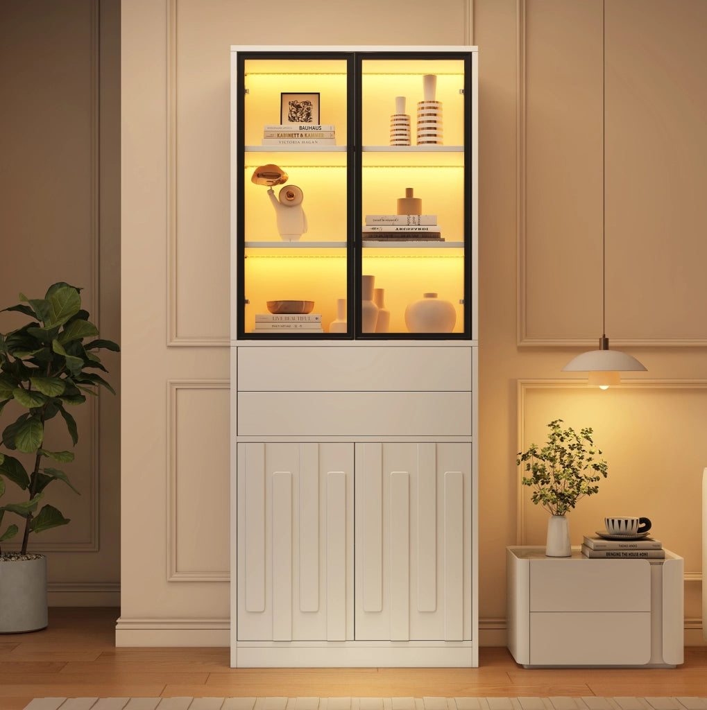 Vetrina alta 70×34×180 cm bianca con LED, 2 cassetti e ante in vetro temperato per soggiorno e cucina