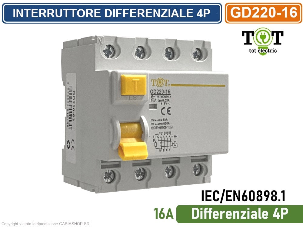 INTERRUTTORE MAGNETOTERMICO DIFFERENZIALE 16A PER BARRA DIN 4 MODULI 4P 220V-415VAC 30mA 6KA