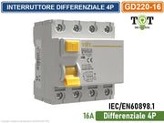 INTERRUTTORE MAGNETOTERMICO DIFFERENZIALE 16A PER BARRA DIN 4 MODULI 4P 220V-415VAC 30mA 6KA