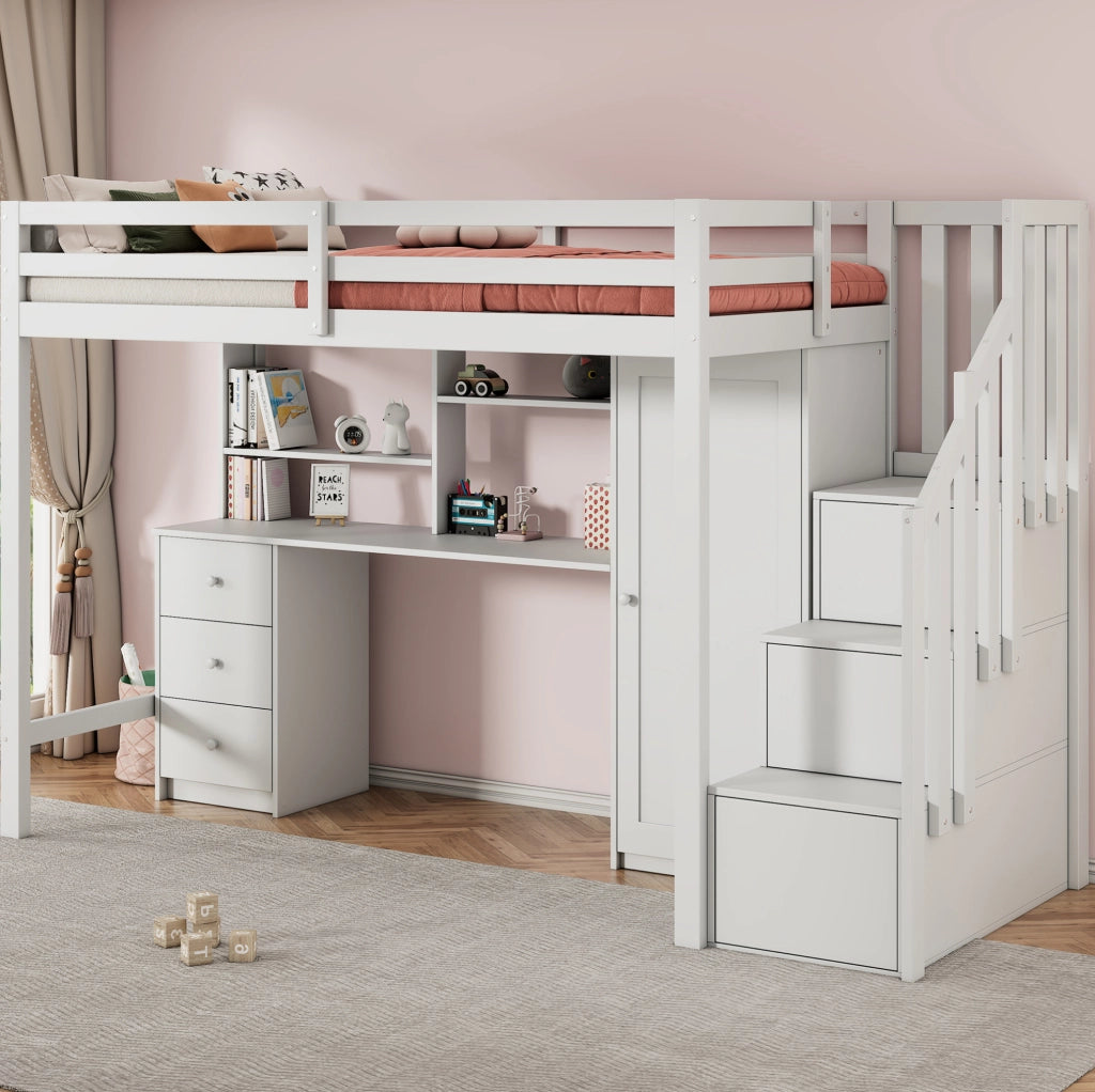 Letto a soppalco per bambini 90x200 cm bianco in MDF e legno con lavagna e contenitore， senza materasso