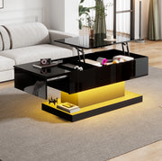 Tavolino da salotto con sollevamento idraulico; LED e contenitore 100x50x45 cm; nero lucido