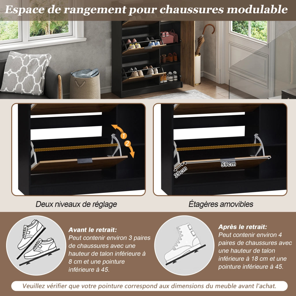 Scarpiera con 3 vani a ribalta e anta; ripiani rimovibili in MDF naturale e nero per ingresso 100 × 30 × 130 cm