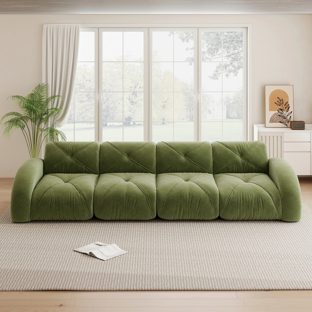 Divano modulare senza struttura in ciniglia verde con schiuma ad alta densità 76 × 358 × 95 cm