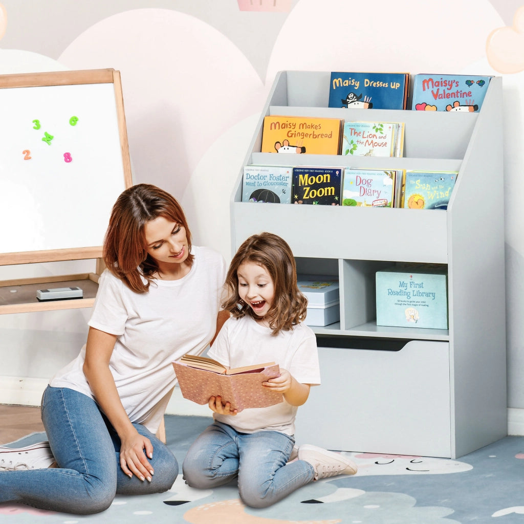 Libreria per Bambini con 3 Ripiani, 2 Cubi e Cassetto con Ruote ¨C Zephmum ¨C Grigio 60x30x90 cm