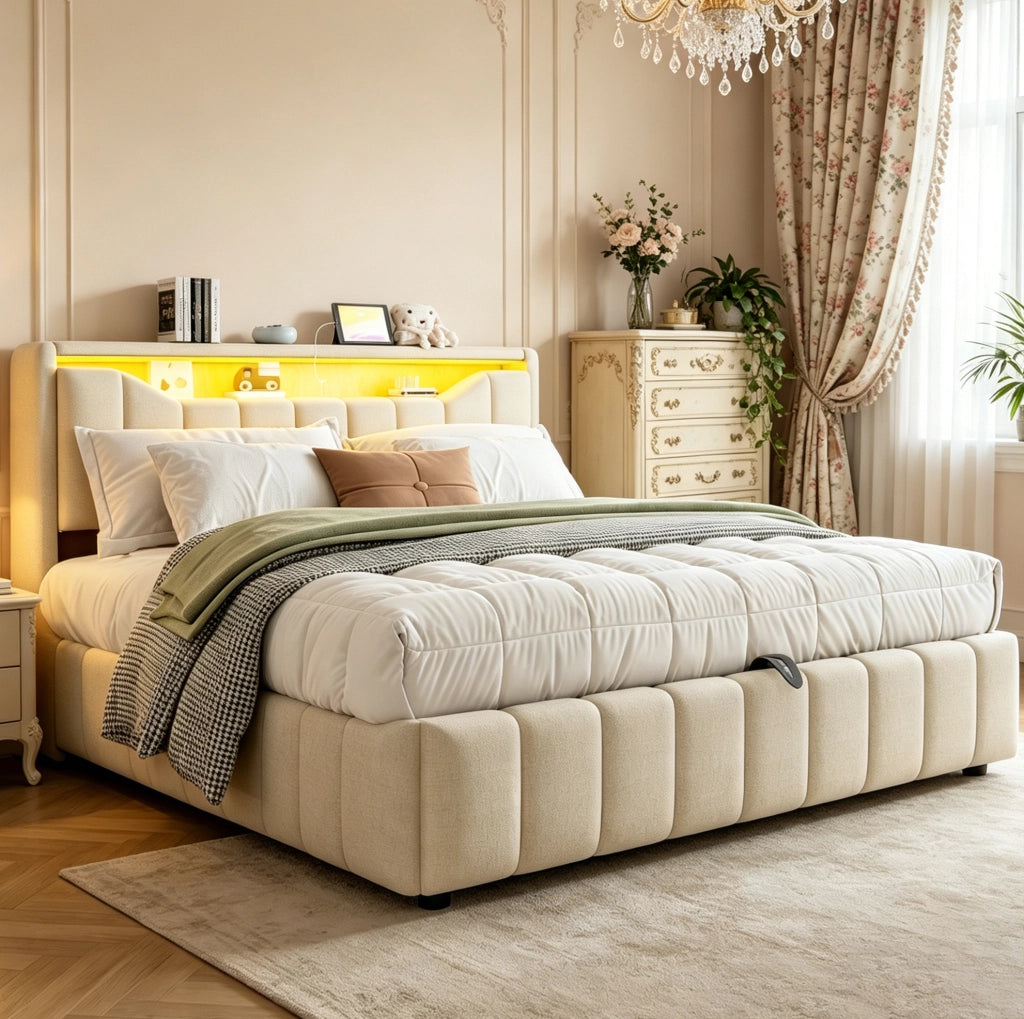 Letto contenitore 180x200 cm beige con LED e USB