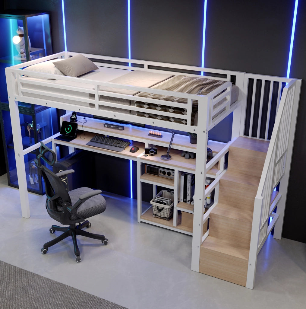 Letto a soppalco in metallo 90x200 cm con scala a armadio, ripiano, USB e Tipo-C, striscia LED, bianco, senza materasso
