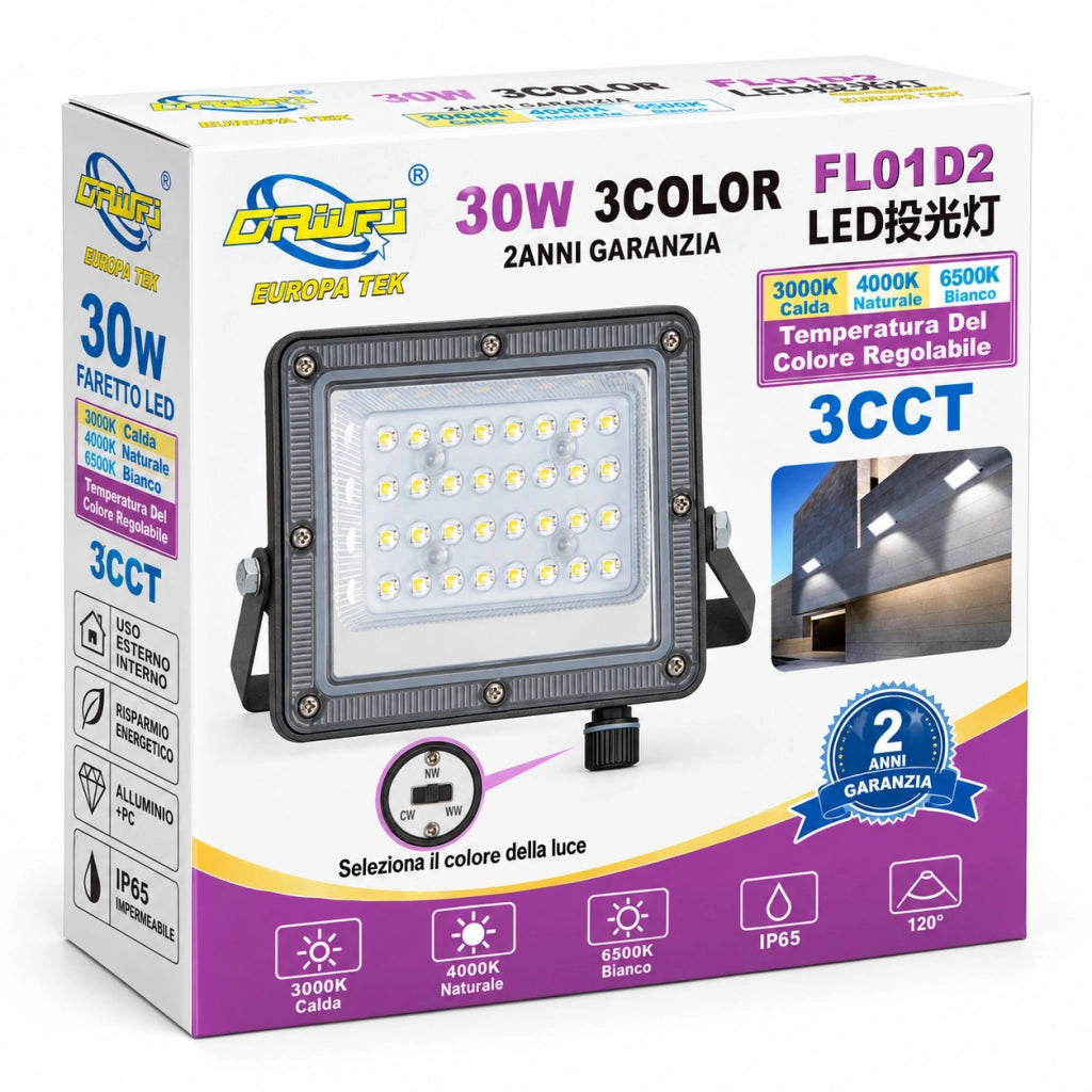 FARO LED 30 W ESTERNO IP65 FARETTO GIARDINO 3CCT 3000K 4000K 6500K LUCE ET-31766