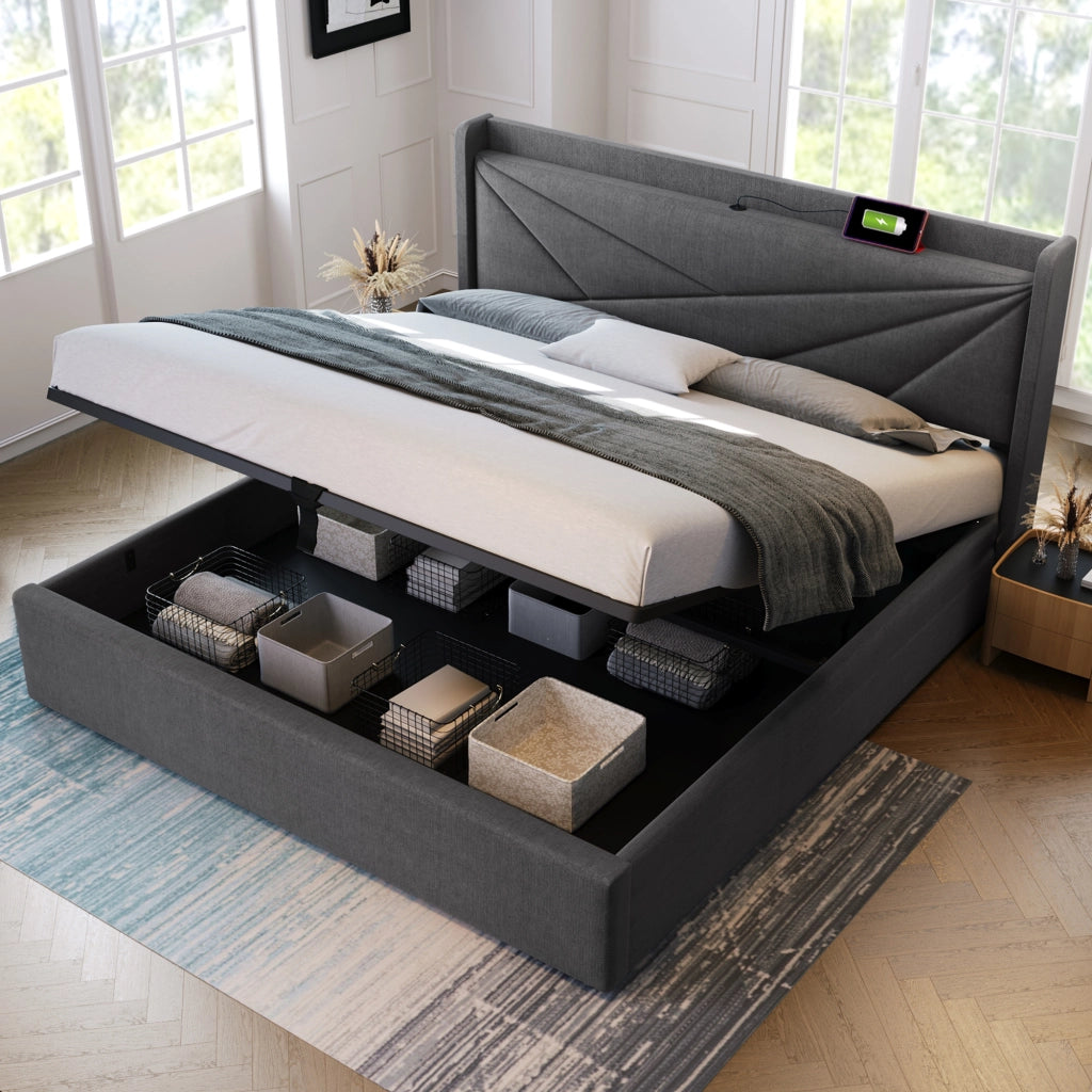 Letto contenitore 140 × 200 cm con testiera imbottita e porte USB e USB-C in cotone e lino grigio