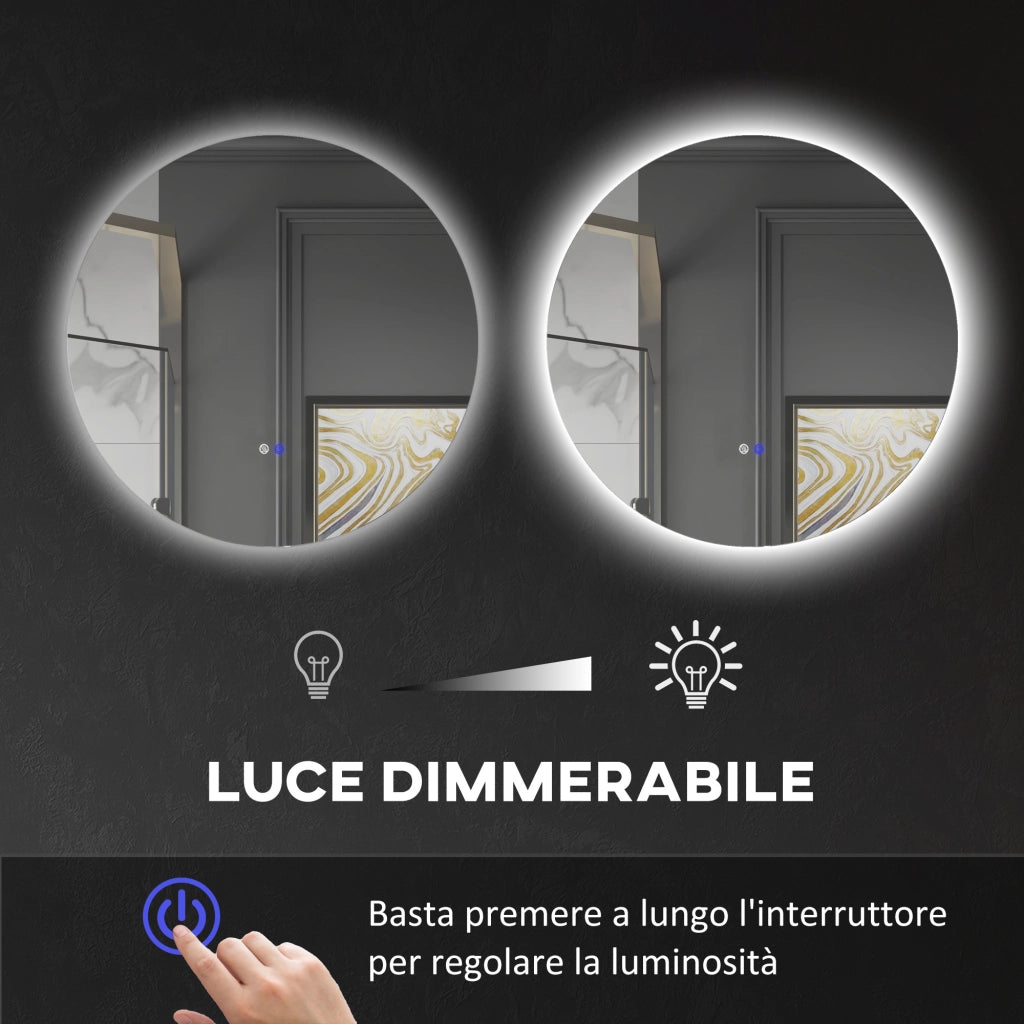 Specchio Bagno Ø80 cm con Luci LED Regolabili Interruttori Touch e Design Antiappannamento
