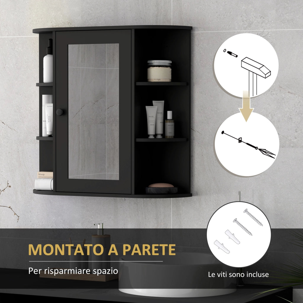 Specchiera Bagno con 6 Ripiani Aperti e 2 Chiusi, in Legno e Vetro, 66x17x63 cm, Nero