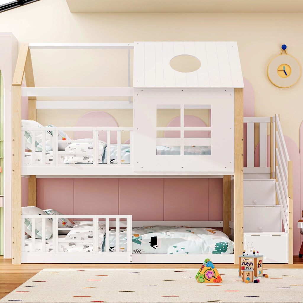 OKWISH Letto a Castello 90×200 cm, Letto Singolo con Scala Contenitore, Sponde e Design a Casetta, senza Materasso, Bianco Naturale