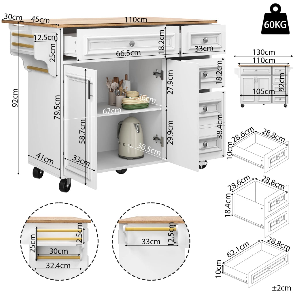 ISOLA CUCINA 110 x 75 x 92 cm Bianco in MDF con piano ribaltabile