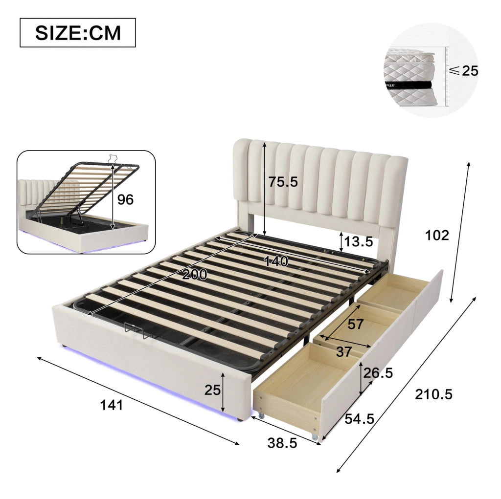 Letto contenitore imbottito 140x200 cm con 3 cassetti e LED; velluto beige