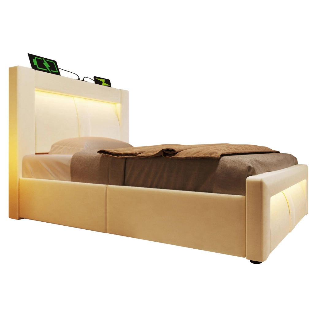 Letto singolo contenitore 90x200 con testiera curva; LED e USB-C; velluto beige