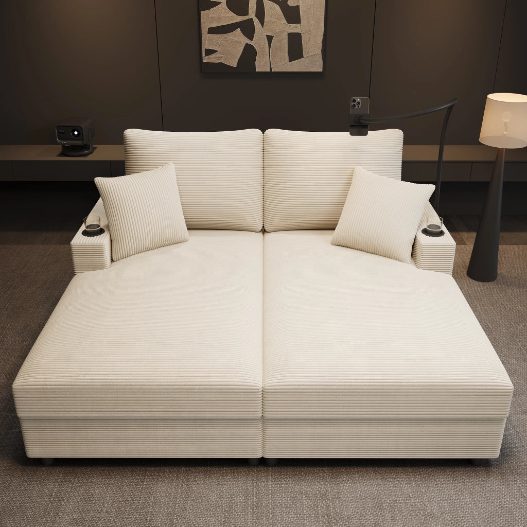 Divano letto 2 posti beige in velluto a coste con USB, USB-C e portabicchieri