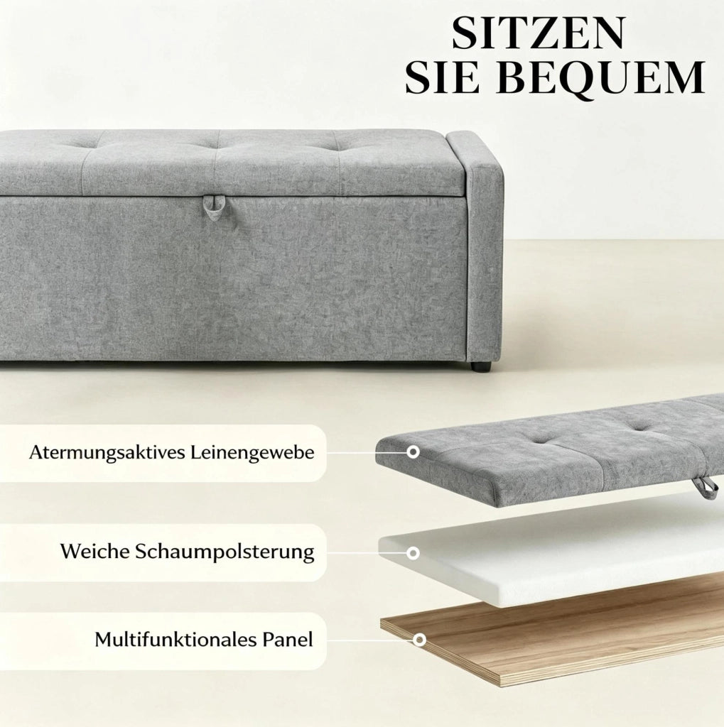 Panca contenitore moderna in lino grigio chiaro 122x48x44 cm per camera da letto