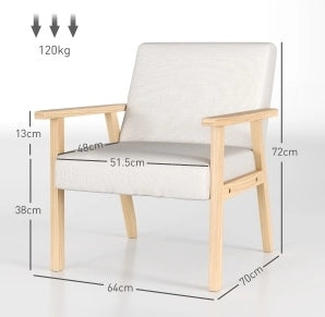 Poltrona Lounge in tessuto lino crema con braccioli e struttura in legno massiccio 64x70x72 cm