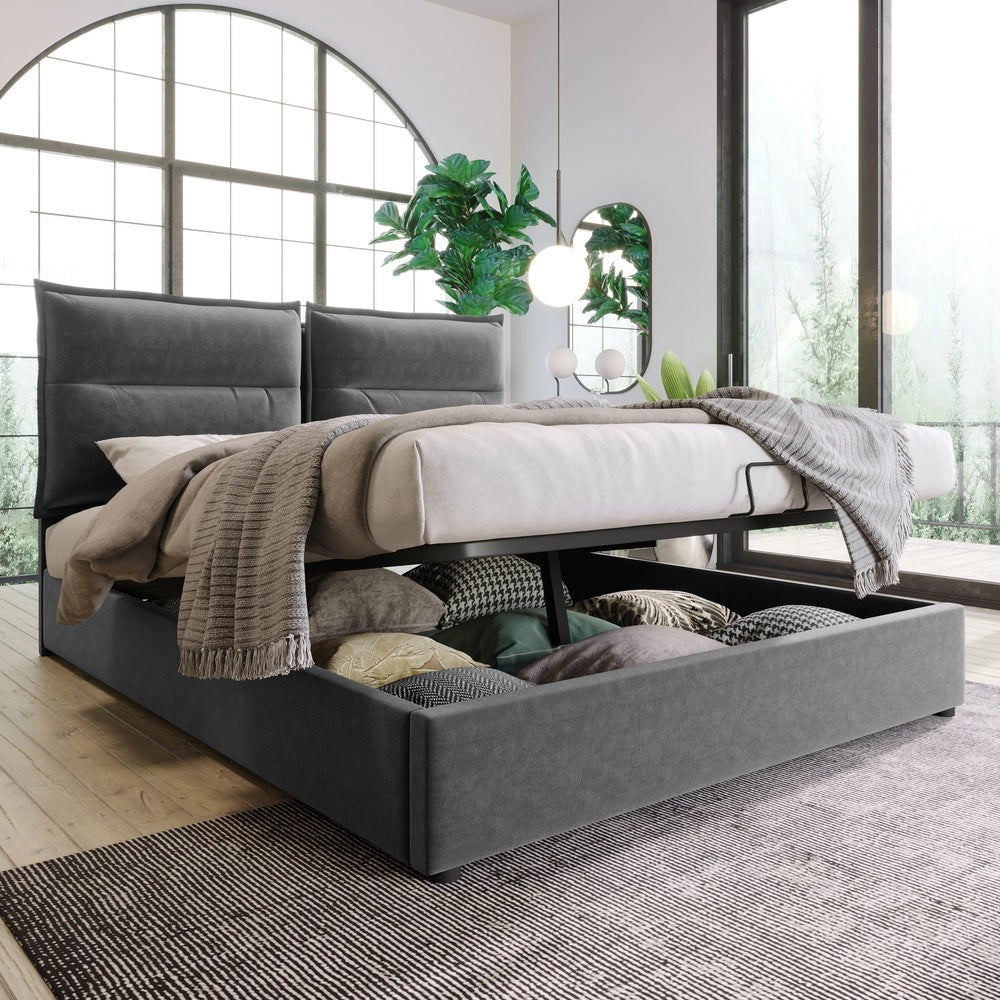 Letto imbottito contenitore matrimoniale ¨C Minimal ¨C Grigio velluto 140x200 cm con rete a doghe in metallo