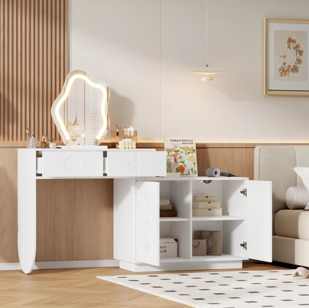 Toeletta 160x40x132 cm con specchio LED a 3 tonalità; 2 cassetti e armadio; MDF; bianco