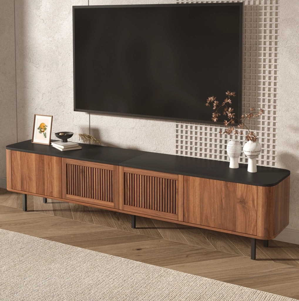 Mobile TV 190x35x45 cm con vani e ante a griglia in MDF e truciolare noce