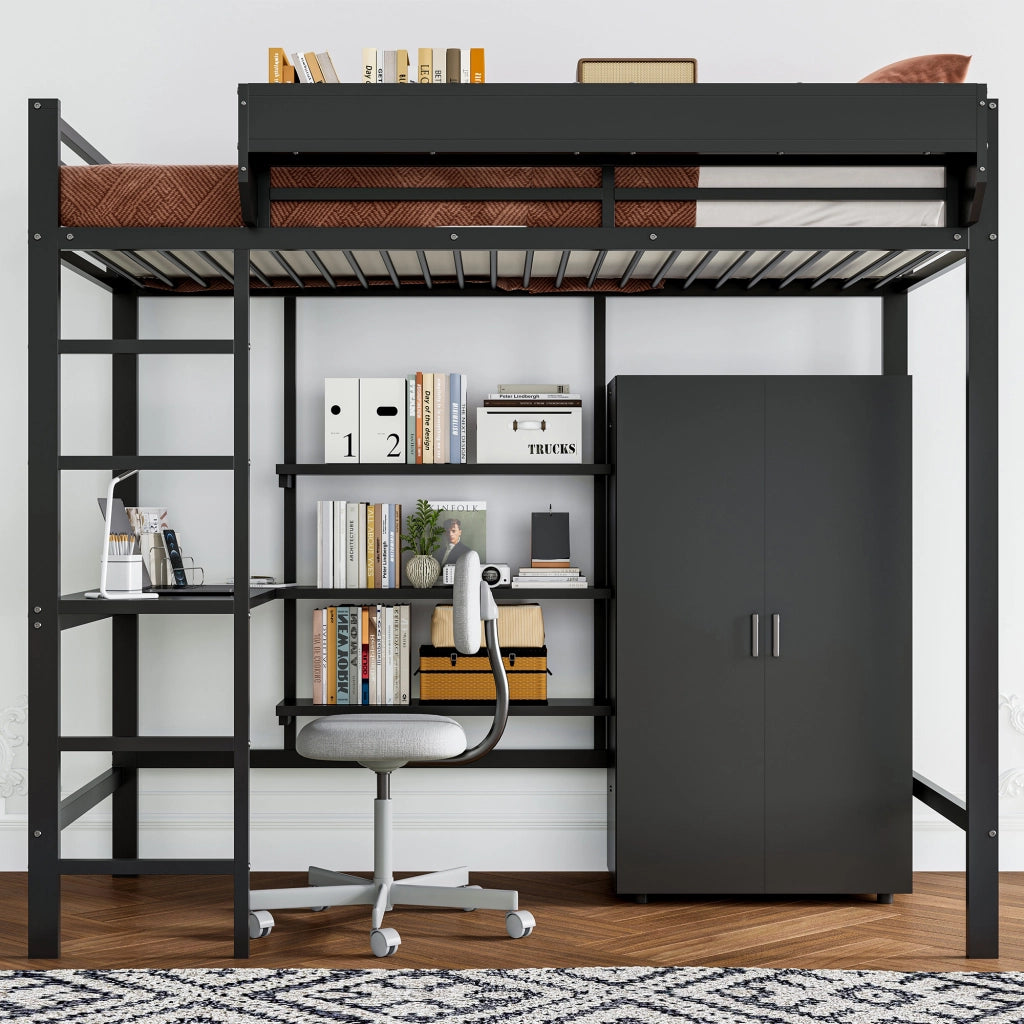 Letto a soppalco 90 × 200 cm con scrivania, armadio a 2 ante e scala a 5 gradini, senza materasso, nero