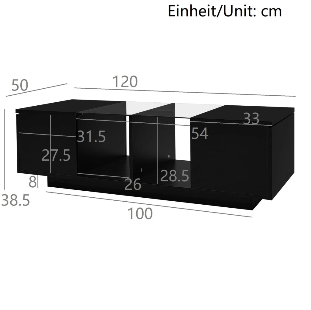 Tavolino da caffè moderno nero 120 x 50 x 38;5 cm con LED; vetro e vani laterali