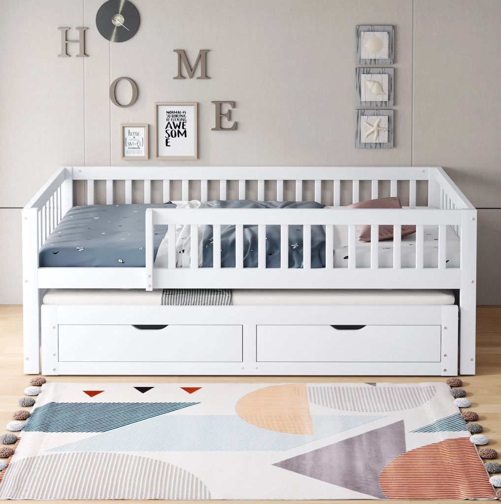 Letto estraibile per bambini 90x200 cm bianco con 2 cassetti e sponda