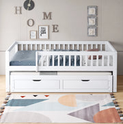 Letto estraibile per bambini 90x200 cm bianco con 2 cassetti e sponda